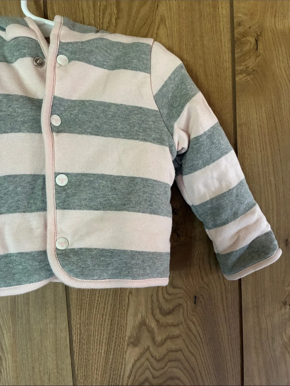 Striped Pink & Gray Baby Hoodie Jacket - Soft Button-Front